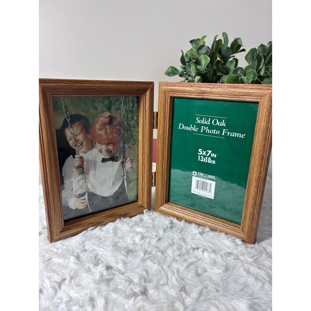 Decorel Solid Oak Double Photo Frame 5x7 Hinged Bifold Wood Picture Frame Brown